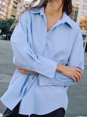 Zara Pale Blue Collared Oversized Shirt